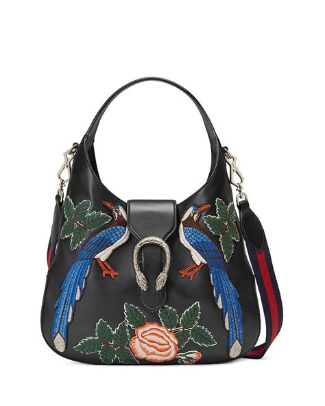 gucci bird-embroidered leather baseball jacket|Gucci boutique bag.